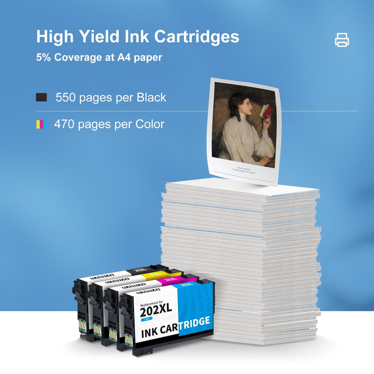 202 XL Ink Cartridge for Epson 202 202XL T202 Ink Cartridgefor Workforce WF-2860 Expression Home XP-5100 All-in-one Printer (4-Pack) compatible