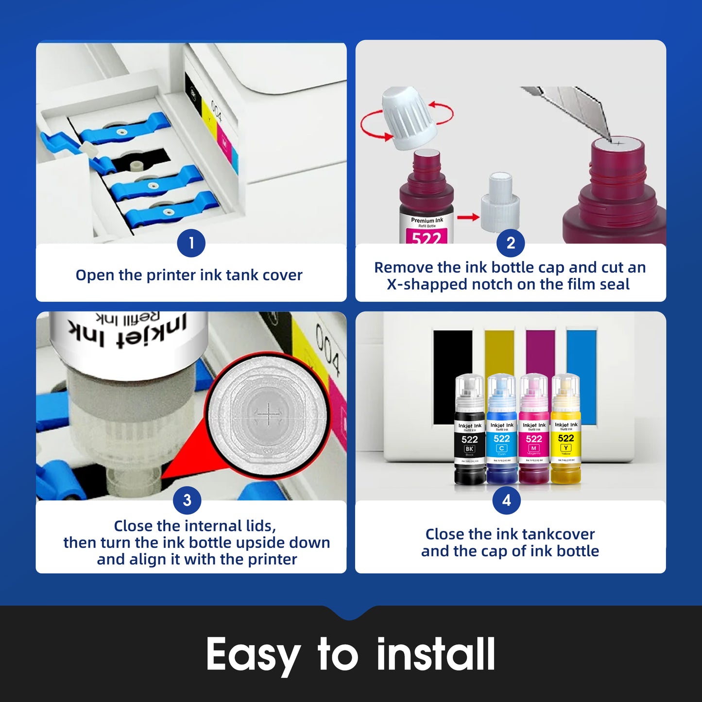 T522 522 Ink Refill Bottles for Epson 522 Ink Refill Kit for Epson EcoTank Printers ET-2800 ET-4800 ET-4700 ET-2400 ET-2720 ET-2803 (4 Pack)