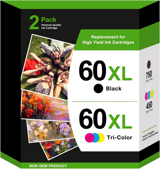 60XL Ink Cartridges Compatible for HP 60 Ink cartridge Combo Pack with HP Ink 60 Envy 100 110 120 Deskjet D2530 D2545 F2430 F4440(1 Black, 1 Tri-Color)