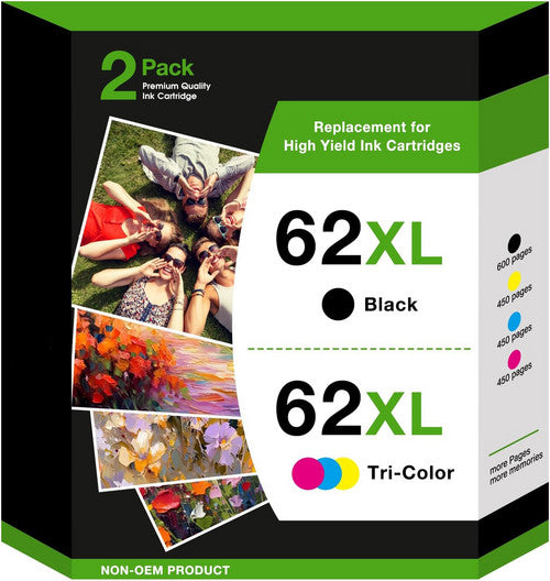 62XL Ink Cartridges for HP 62 Ink Cartridges for HP Ink 62 for HP Envy 7640 5660 5540 7645 OfficeJet 5740 8040 OfficeJet 200 250 Printer (1 Black, 1 Tri-Color)