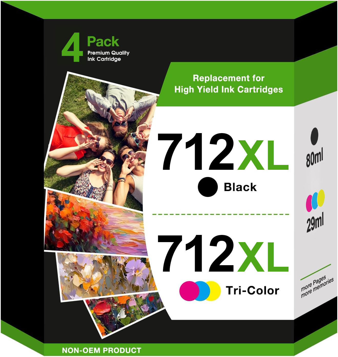 712 Ink Compatible for HP 712 Ink Cartridge Compatible for HP Ink 712 712XL for T650/T630 (4PK, 80ml Black+29ml CMY)