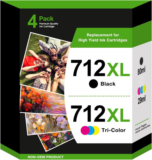 712 Ink Compatible for HP 712 Ink Cartridge Compatible for HP Ink 712 712XL for T650/T630 (4PK, 80ml Black+29ml CMY)