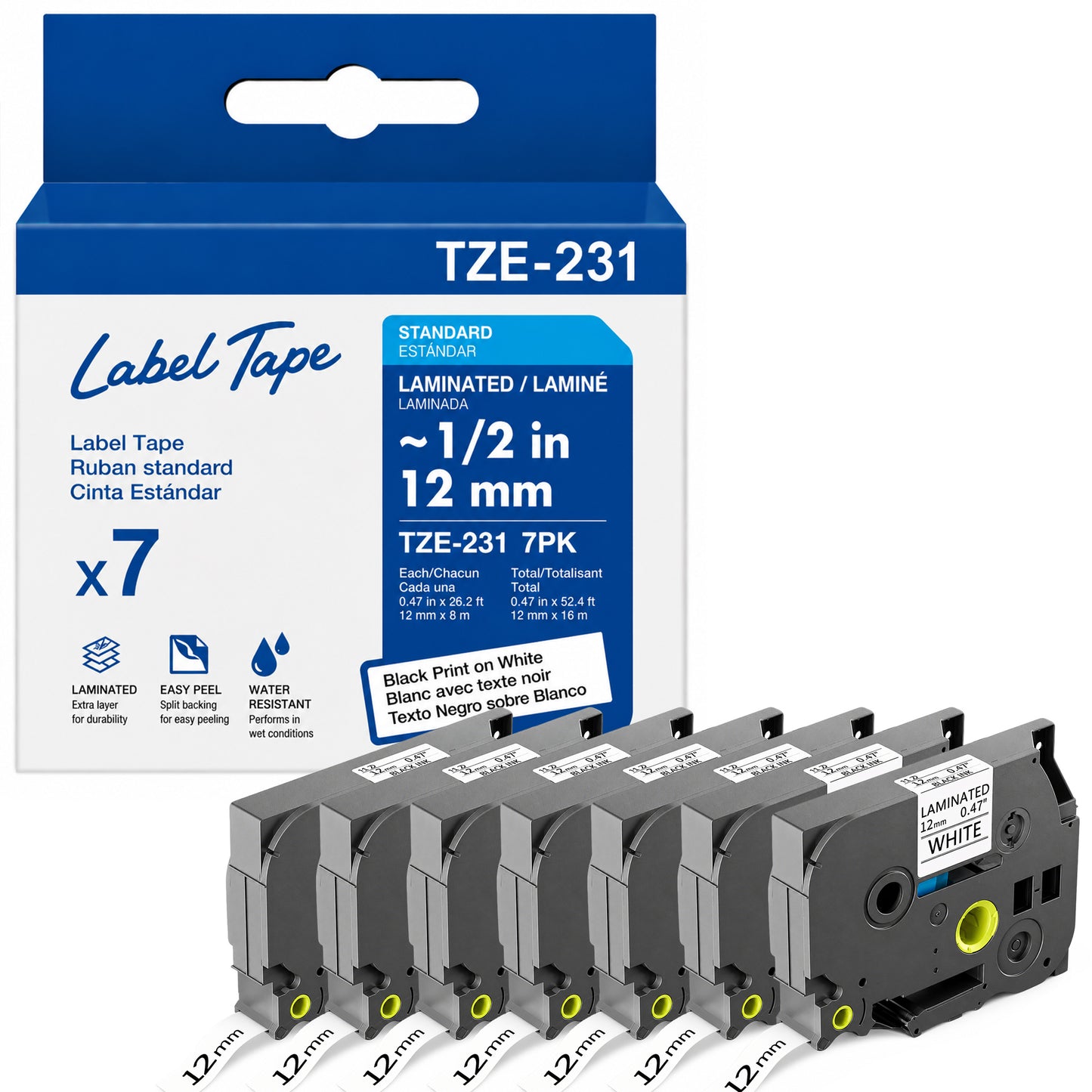 7-Pack 231 Label Maker Tape TZc231 for Brother P-touch TZE231, 1/2" Black Print on White Laminated Tape, Durable, Water-Resistant, Indoor/Outdoor Use