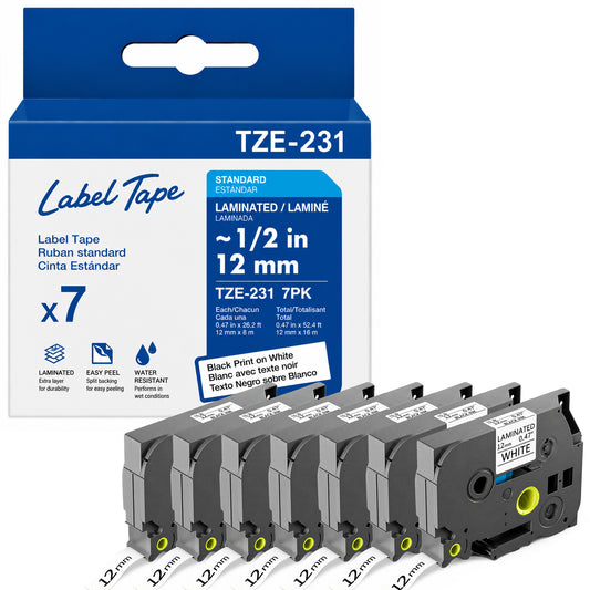 7-Pack 231 Label Maker Tape TZc231 for Brother P-touch TZE231, 1/2" Black Print on White Laminated Tape, Durable, Water-Resistant, Indoor/Outdoor Use